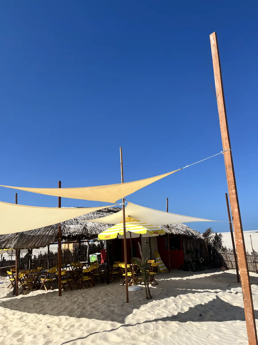 La Cabana vue en arrivant par la rivière : les voiles d'ombrage et les tables sur le sable